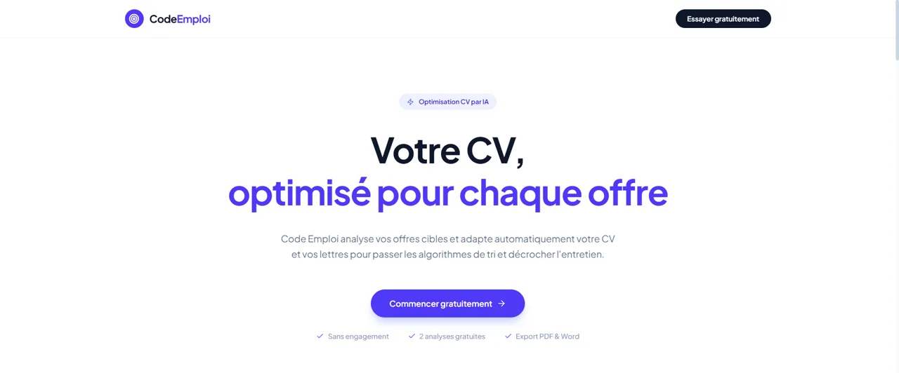 Page d'accueil publique de Code Emploi, présentant l'analyse d'une offre et l'optimisation d'un CV