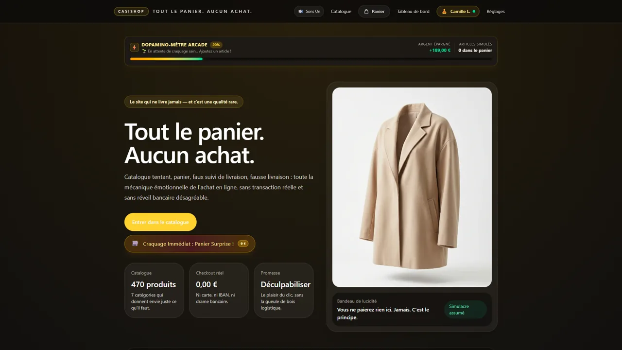 Page d'accueil publique de CasiShop, faux catalogue marchand sans achat