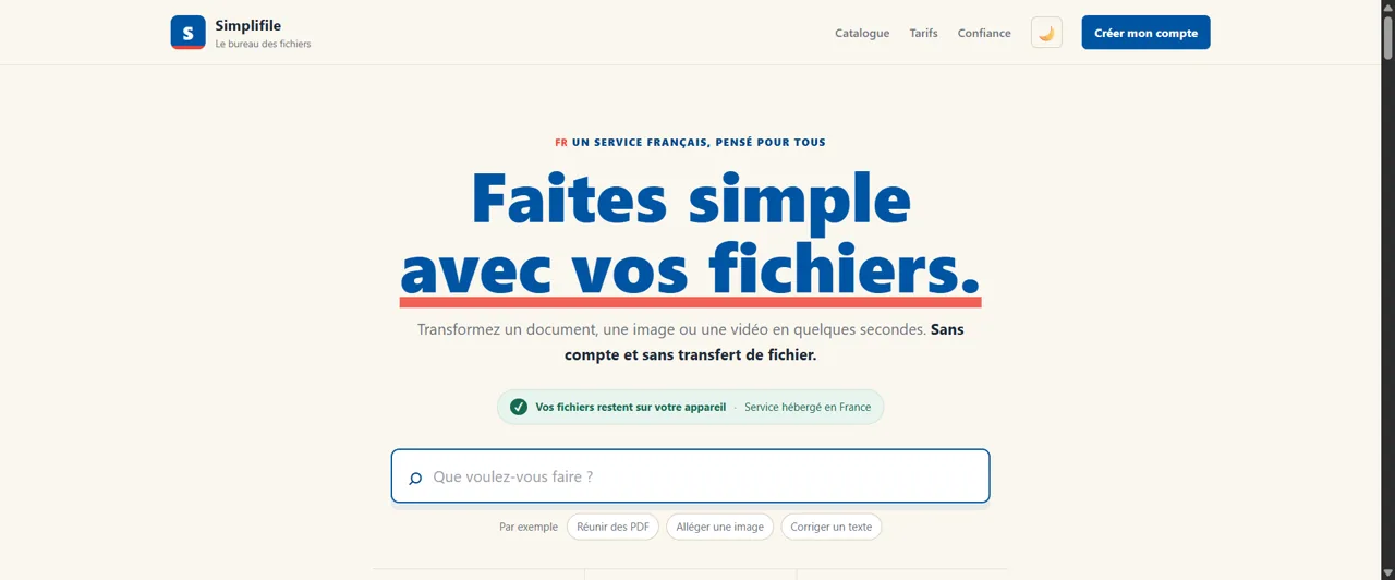 Page d'accueil publique de Simplifile, avec la recherche d'un outil de fichier