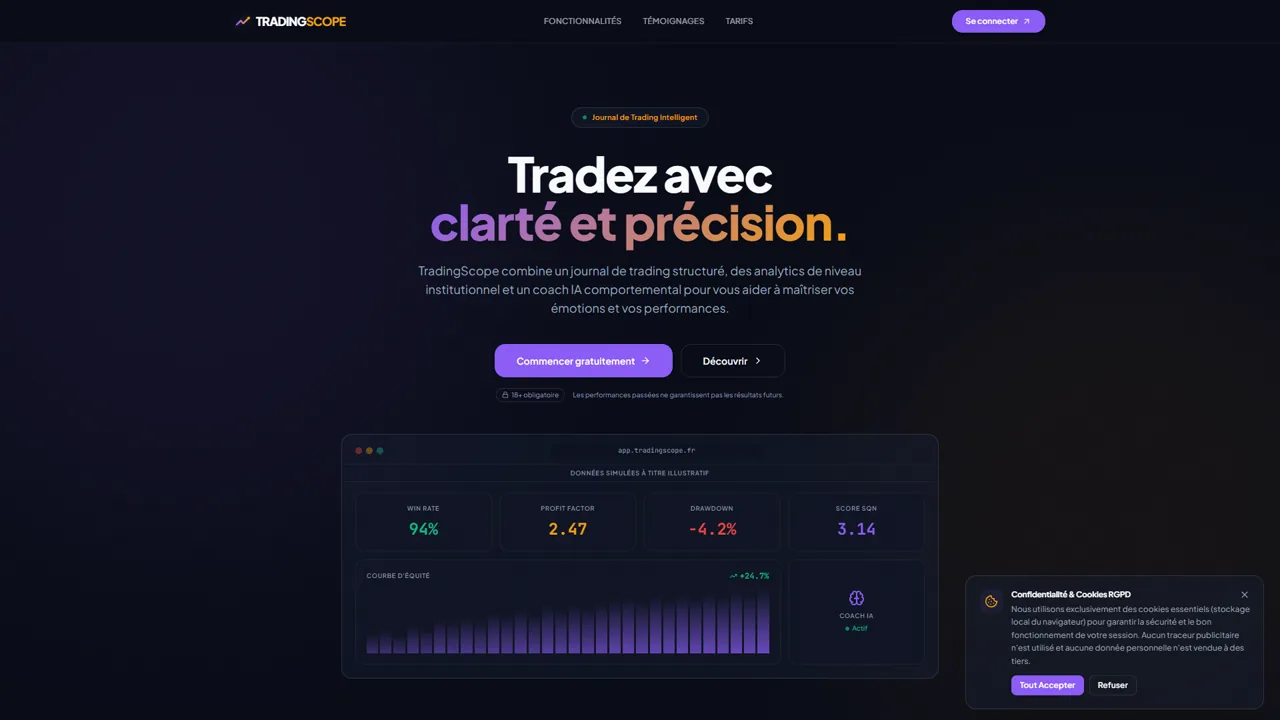 Page d'accueil publique de TradingScope, interface sombre d'analyse de trading